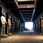 **Prompt:** A site-specific art installation inside a historic coal mine, featuring sculptures made from reclaimed materials, bathed in soft light, historical context, memory reflection.