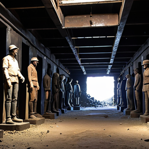 Home 4 **Prompt:** A site-specific art installation inside a historic coal mine, featuring sculptures made from reclaimed materials, bathed in soft light, historical context, memory reflection.