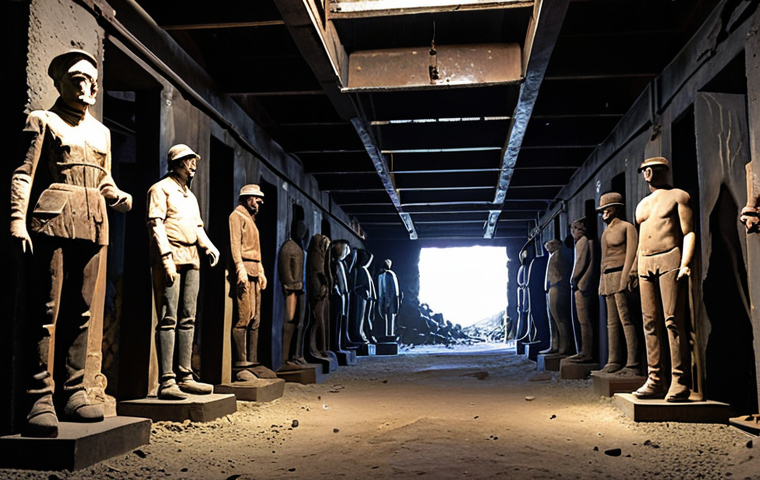 **Prompt:** A site-specific art installation inside a historic coal mine, featuring sculptures made from reclaimed materials, bathed in soft light, historical context, memory reflection.